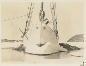 Image: Bow of the Bowdoin, melting out of winter quarters